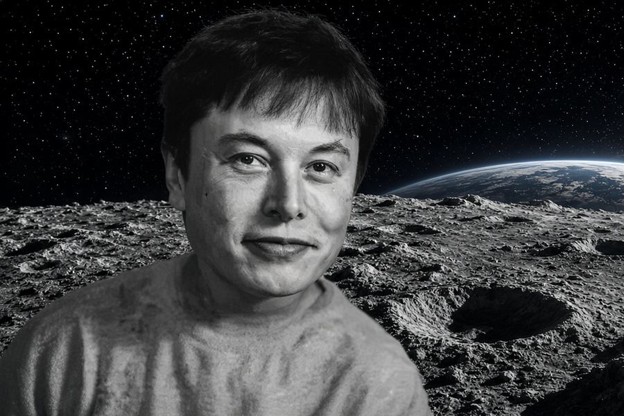Soon Moon mascot standing on the lunar surface with Earth rising